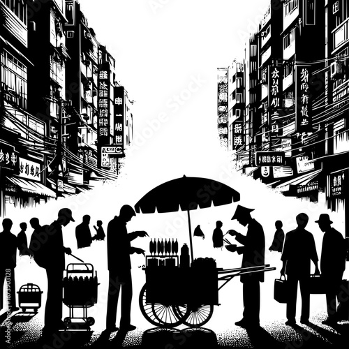 Black and White Vector Silhouette of Street Vendors in a Busy City