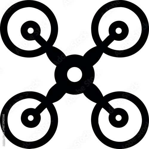 Flat design icon of a quadcopter drone. A simple black silhouette symbolizing modern unmanned flight, technology, and aerial photography