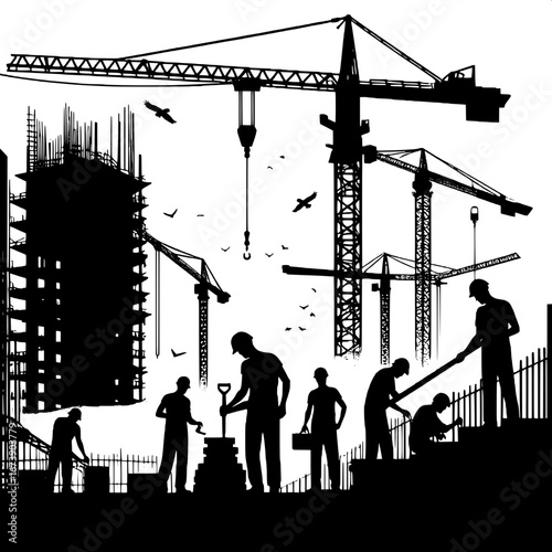 Black and White Vector Silhouette of a Busy City Construction Site