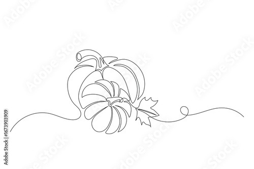 Autumn pumpkin in one continuous line drawing. Halloween and Thanksgiving greeting card in simple linear style. Fall harvest in editable stroke. Doodle vector illustration