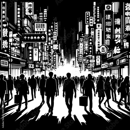 Black and White Vector Silhouette of a Busy City Nightlife Street