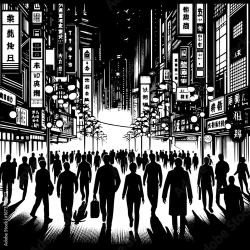 Black and White Vector Silhouette of a Busy City Nightlife Street