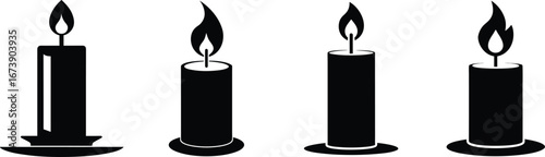 Four silhouette candles burning brightly with dripping wax silhouette