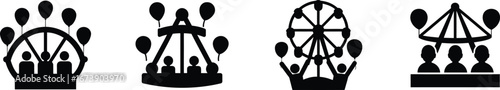 Collection of carnival and fair rides with people and balloons icons silhouette