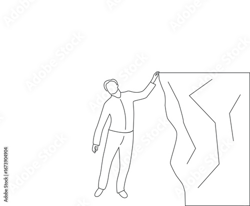 Business Man Hanging on a Cliff Precipice Ready to Fall Line Art. People and activities, financial difficulties and obstacles vector art