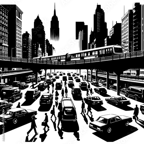 Black and White Vector Silhouette of a Busy City Overpass