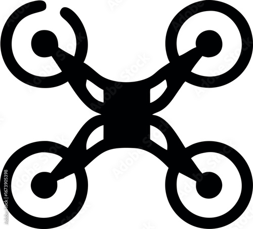 Simple black quadcopter drone icon viewed from above. Vector graphic symbol of an unmanned aerial vehicle for technology or delivery concepts