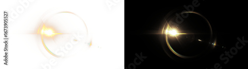 Warm golden cinematic lens flare with a bright light source and a large circular halo. Realistic optical effect isolated on a transparent background.