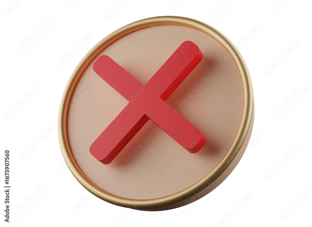 Fototapeta premium 3D Rendered Red Cross Mark Badge Icon – Error, Cancel, Wrong, Rejected Symbol