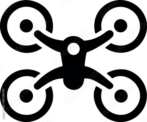 Minimalist black vector icon of a quadcopter drone, a symbol for unmanned aerial vehicle technology, remote control flight, and modern surveillance
