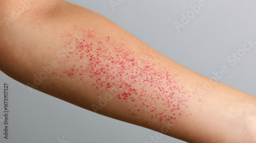 Petechiae a close-up of small, flat red spots  on the skin of an arm or leg. Neutral background. A symptom relevant to dengue fever. 