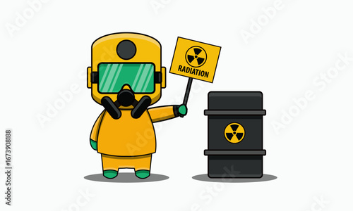 Cute cartoon character in a yellow hazmat suit and gas mask holding a radiation warning sign next to a barrel of toxic nuclear waste. Vector illustration isolated on a white background for safety and 