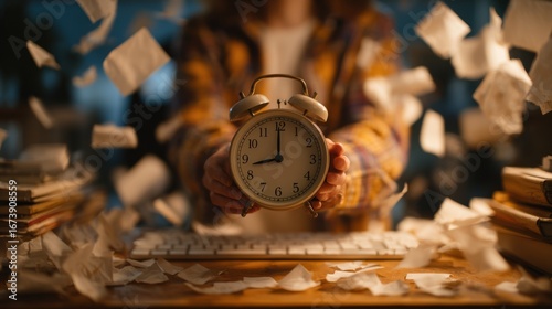Wallpaper Mural Female hands holding clock among chaos, time pressure, deadline Torontodigital.ca