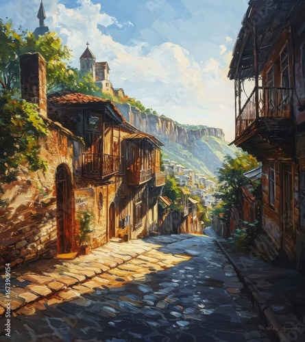 A picturesque view of a cobblestone street lined with vintage houses and lush greenery under a sunny sky.