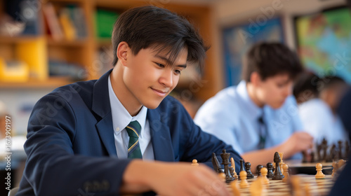 A freshman joins a chess club in a classroom with boards set pieces moving a timer buzzing and players strategizing quietly rendered in a thoughtful photo with piece shapes