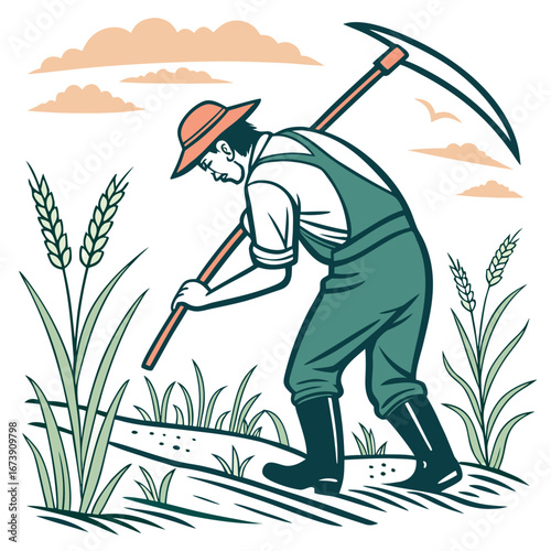 Farmer harvesting crops in a field with a tractor and barn