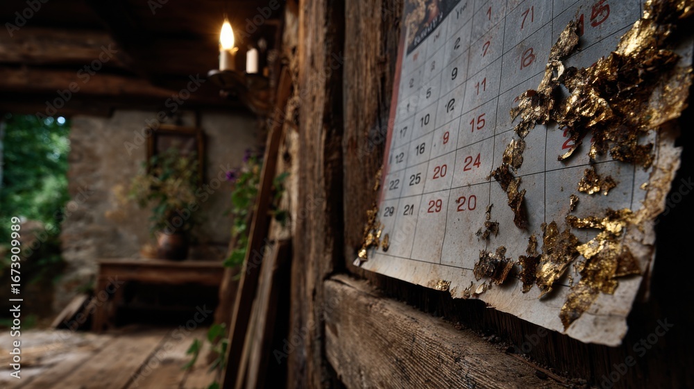 Obraz premium Wall calendar with torn pages, passing time, aging concept