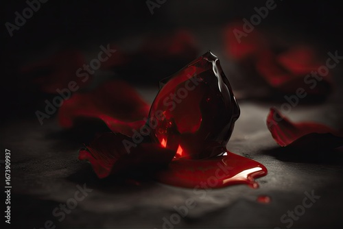 Dark, broken, crimson orb on rose petals