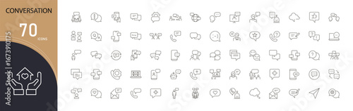 Conversation Line Icons Set. Collection of 30 outline icons representing communication, dialogue, discussion, messaging, interaction, speech, collaboration, and social exchange. Outline icons.
