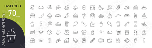 Fast food icons set with burger, pizza, fries, soda, sandwich, hotdog, taco, ice cream, dessert, and snack symbols. Outline style, ideal for restaurant and menu projects.