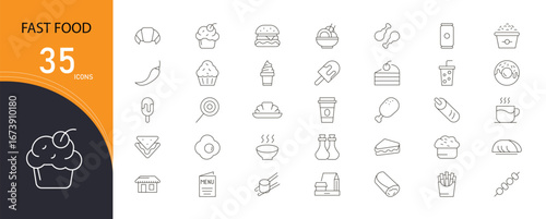 Fast food icons set with burger, pizza, fries, soda, sandwich, hotdog, taco, ice cream, dessert, and snack symbols. Outline style, ideal for restaurant and menu projects.