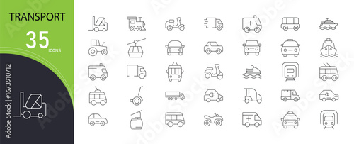Transport icons set including car, bus, truck, train, airplane, ship, metro, bike, delivery, traffic, and travel symbols. Outline style, simple design for infographic and web use.