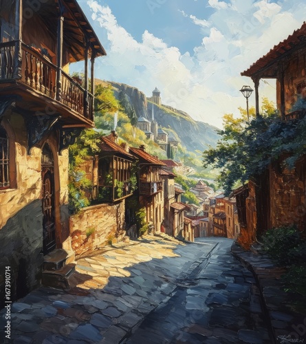 A picturesque cobblestone street winding through a quaint hillside village bathed in warm sunlight.