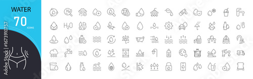 Water icons set showing drop, glass, bottle, wave, faucet, rain, sea, purification, recycle, irrigation, and supply symbols. Outline style, clean design for infographic and eco projects.