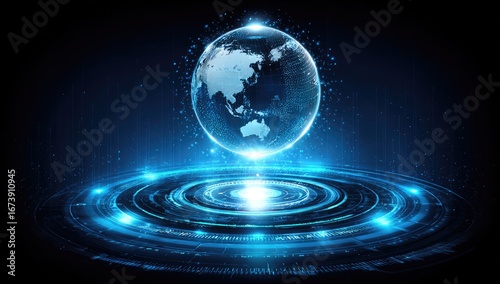 A digital representation of the Earth, suspended above a futuristic circular interface, illuminated by vibrant blue light.