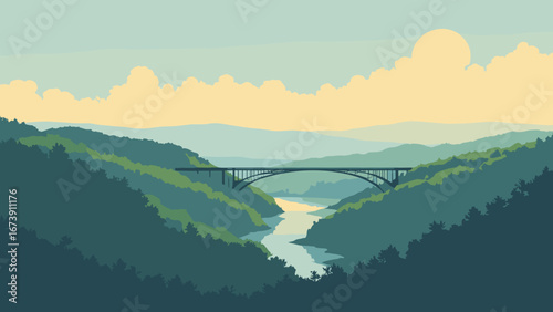 Chattanooga, TN – Lookout Mountain panorama with river S-bend and trestle, palette: bluff gray, river teal, forest green, dawn gold