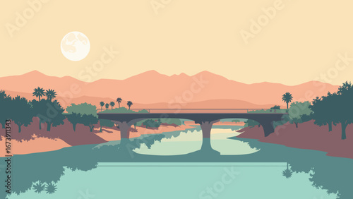 Tempe, AZ – Mill Avenue bridge and Tempe Town Lake reflecting ridgelines, palette: lake teal, adobe, palm shadow, sky peach