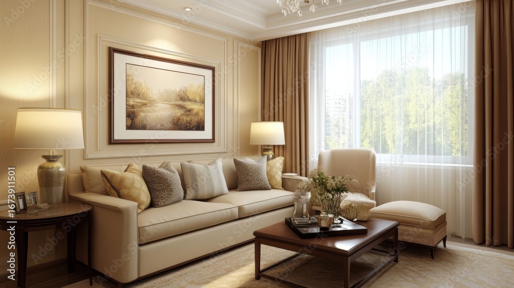 Living room interior in beige, ecru, mocha hues with framed poster. Living room interior in beige, ecru, mocha hues with framed poster.