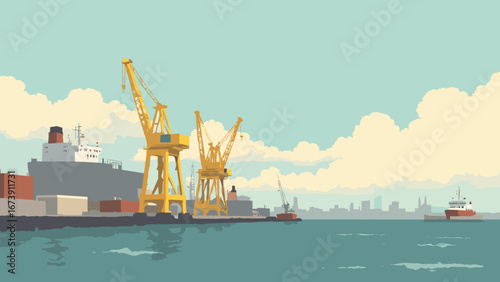 Newport News, VA – shipyard cranes and harbor channel with peninsula silhouette, palette: crane yellow, harbor teal, steel gray, sand