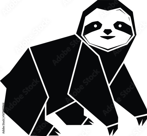 Geometric origami sloth illustration in black and white