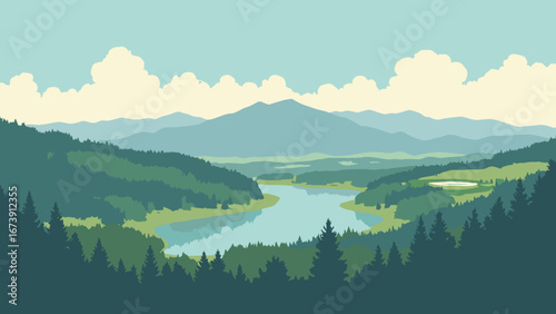 Eugene, OR – Willamette River bend with Hayward Field and Cascade foothills, palette: river teal, turf green, peak gray, cloud white