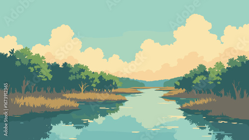 Pembroke Pines, FL – Everglades fringe with cypress domes and reflective canals, palette: cypress green, water teal, reed brown, dawn gold