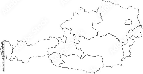 A clean, blank outline map of Austria showing all state borders. Great for presentations, infographics, or custom data visualizations.

