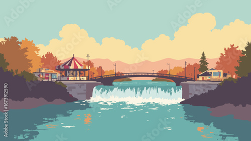 Spokane, WA – riverfront with Spokane Falls and Looff carousel at golden hour, palette: waterfall teal, brick red, maple brown, mist gray