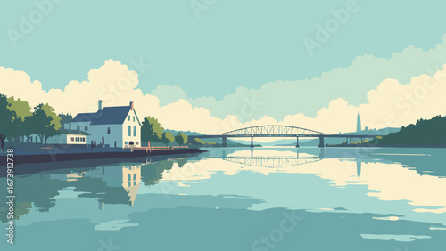 Tacoma, WA – waterfront with Tacoma Narrows Bridge and Museum of Glass reflections, palette: harbor teal, glass silver, driftwood, slate
