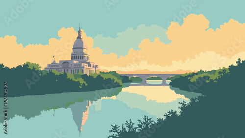 Baton Rouge, LA – Mississippi River bend with State Capitol tower and levee walk, palette: river teal, capitol gray, swamp green, sunset amber