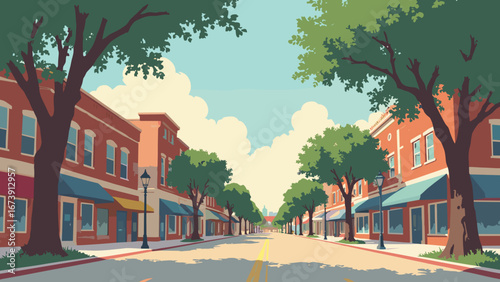 McKinney, TX – historic downtown square with heritage brick facades and live oak alleys, palette: brick red, oak green, cream, dusk gold