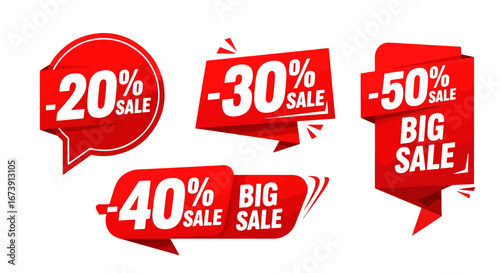Red percentage sale banners set with big discount promotional messages