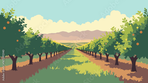 Modesto, CA – orchard rows at harvest light with distant Sierra foothills, palette: orchard green, fruit gold, soil brown, haze blue