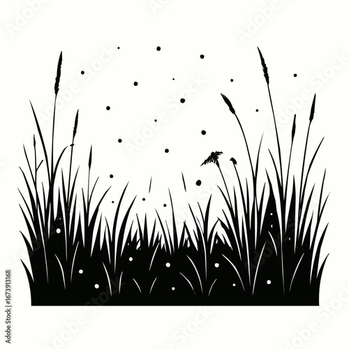 A lush green field of grass and reeds sways gently in the spring breeze, set against a backdrop of a clear sky