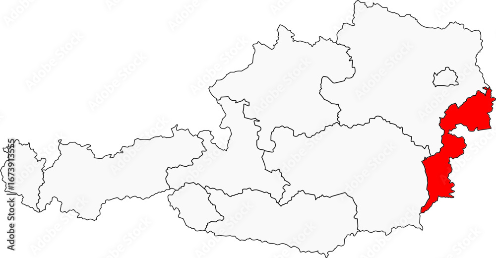 Obraz premium A detailed map of Austria highlighting the Burgenland state. Ideal for regional tourism, historical projects, or business-related content.