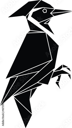 Geometric black and white origami woodpecker illustration