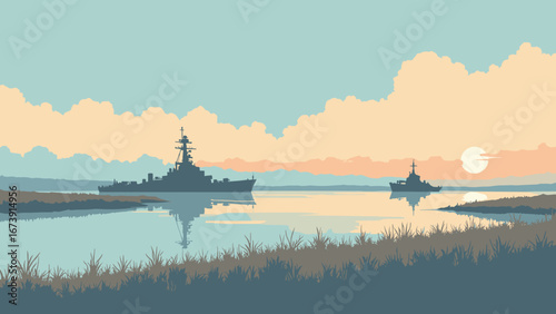 Mobile, AL – Mobile Bay shot with USS Alabama silhouette and marsh fringe, palette: bay blue, ship gray, salt marsh, dawn peach