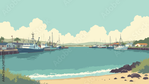 Oxnard, CA – channel islands view from working harbor with fishing boats, palette: harbor teal, boat white, sand beige, kelp green
