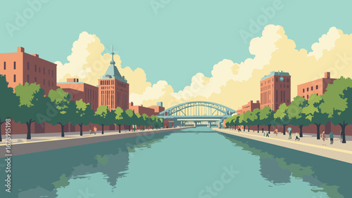 Grand Rapids, MI – riverfront with public art and brewery façades, palette: craft amber, river gray, brick, forest green