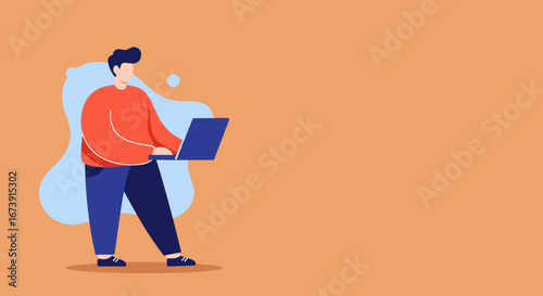 Man working remotely on a laptop, embodying modern digital connectivity, freelancing, and online education concepts on a minimalist background.